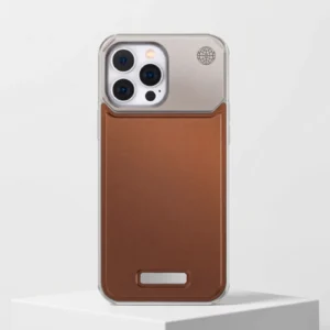 Luxury fragrance leather rimless iPhone case in silver and brown, featuring a sleek metal frame, card holder design, and shockproof protective cover