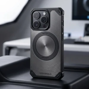 Sleek frameless magnetic metal iPhone case in grey with circular MagSafe ring design, rugged shockproof protective cover (Joker)