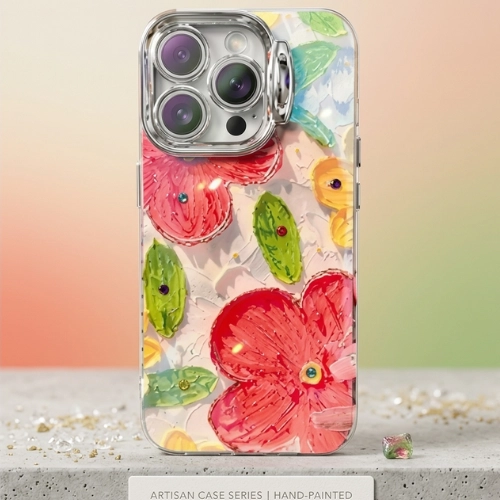 Trendy Floral Fashion Design Pink iPhone Case – Juliet, clear protective iPhone case with hand-painted pink flowers and green leaves, stylish aesthetic floral phone cover for modern fashion