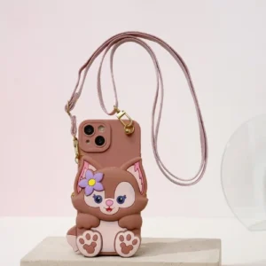 Playful 3D fox crossbody iPhone case in orange with cute cartoon design, featuring a strap and shockproof protective cover, perfect for Valentine’s style