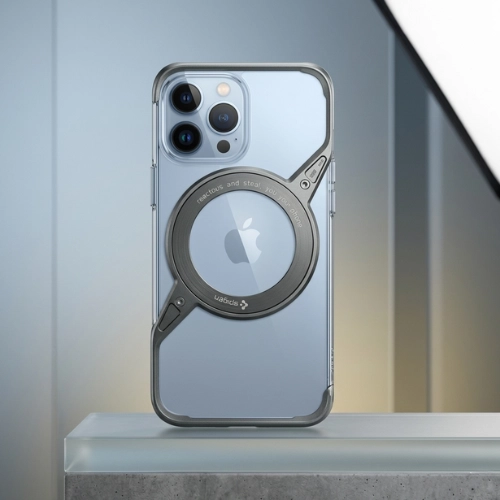 Rotating magnetic grip aluminum iPhone case by Nexis, featuring a transparent back, metal ring holder, and shockproof protective design