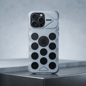 Ultra titanium fragrance silver iPhone case with rugged dotted armor design, shockproof protective cover in metallic silver (Thanos)