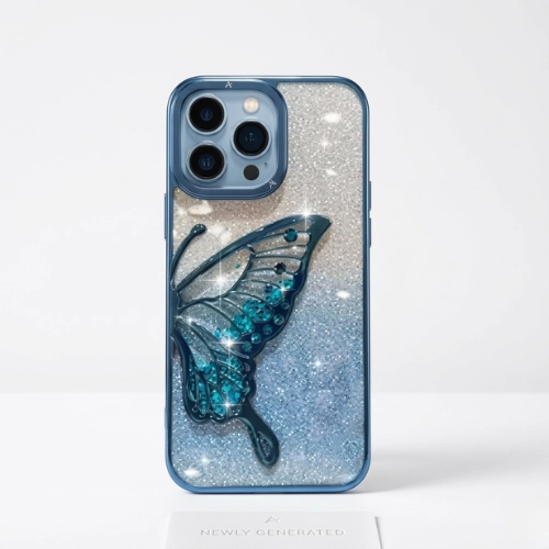 3D glitter butterfly iPhone case in sparkling blue with peacock-inspired design, featuring a raised butterfly pattern and shockproof protective cover