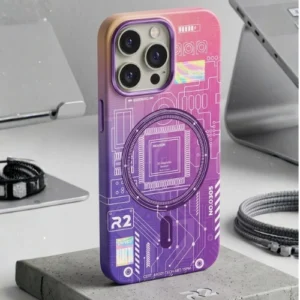 Purple gradient MagSafe iPhone 15 Pro case with circuit board tech design – R2 cyberpunk back cover India
