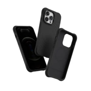 Black MagSafe iPhone 12 Pro Max case with wave texture – front back and side view