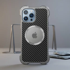 Shockproof aluminum alloy iPhone case with carbon fiber back, magnetic ring and heat dissipation design – Xman style