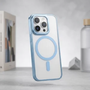 Airbag shockproof iPhone case with clear back, MagSafe ring, and drop protection in blue Rio design