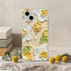 Artistic oil painted flower iPhone case with yellow and white floral design, textured floral artwork shockproof protective cover