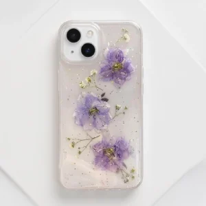 3D real dry flower iPhone case with purple blossoms in clear silicone shockproof cover – premium floral design
