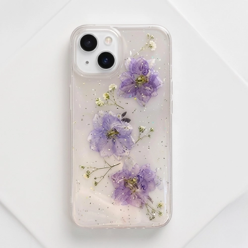 3D real dry flower iPhone case with purple blossoms in clear silicone shockproof cover – premium floral design