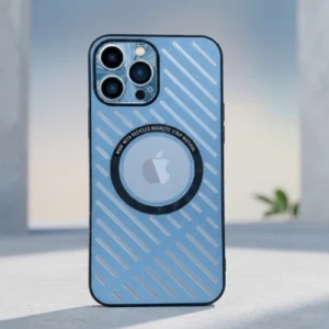 Blue Metal MagSafe iPhone Case with shockproof TPU frame and cooling stripe design in Ice blue color