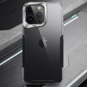 Transparent acrylic iPhone case with a clear back and electroplated frame around the camera module, featuring black shock-absorbing corners, displayed on a sleek metallic surface