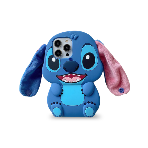Cute 3D Stitch silicone iPhone case with soft shockproof cartoon design, featuring blue Stitch character with big ears and camera cutout protective cover