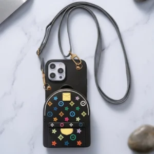 Cute crossbody wallet iPhone case with strap featuring colorful monogram design, shockproof silicone cover for women (Bella)