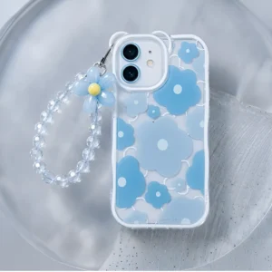 Diamond decor iPhone case Arya with camera guard and lanyard featuring blue floral transparent design