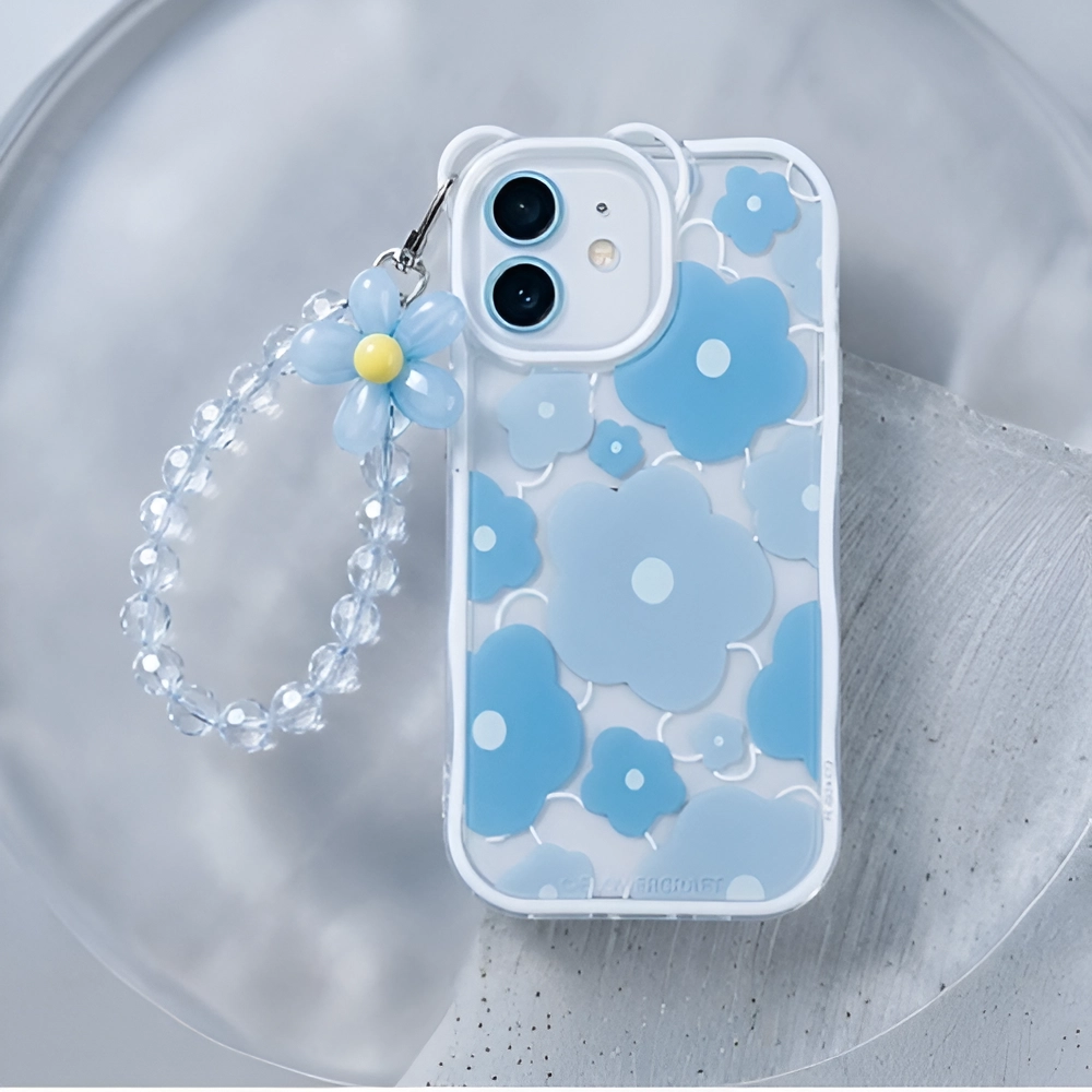 Diamond decor iPhone case Arya with camera guard and lanyard featuring blue floral transparent design