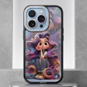 Cute cartoon girl iPhone case with colorful hair design and camera protection