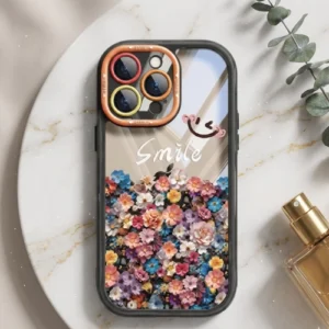 Transparent floral iPhone case with colorful flowers, smile design and camera protection