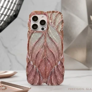 Rose gold glitter leaf design iPhone case with glossy finish and camera protection