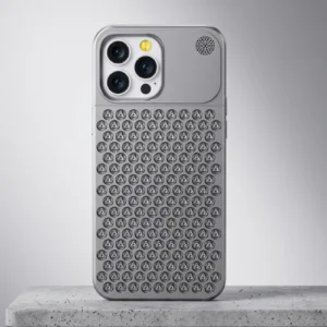 Luxury aluminium fragrance iPhone case with cooling vent design, featuring a textured metal back, built-in scent compartment, and shockproof protective cover in sleek grey