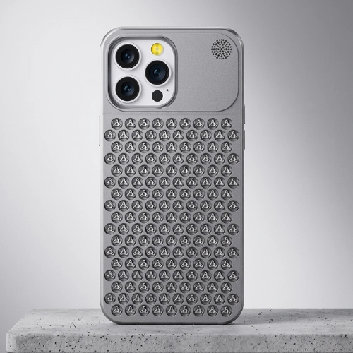 Luxury aluminium fragrance iPhone case with cooling vent design, featuring a textured metal back, built-in scent compartment, and shockproof protective cover in sleek grey