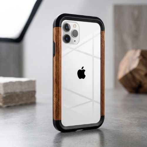 Natural rosewood and metal bumper iPhone case with transparent back, luxury wooden shockproof cover with reinforced black frame – Amazon design