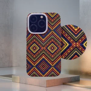 Night Light magnetic iPhone case with colorful geometric diamond pattern, MagSafe-compatible glow shockproof cover in blue – Award design