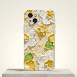 Oil Painting Floral Purple iPhone Case – Shockproof Aesthetic Flower Cover (Tulip), clear iPhone case with textured oil-paint style yellow and white flowers, artistic floral design with durable protective finish
