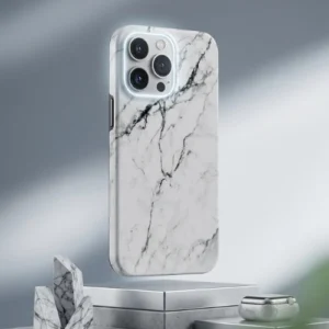 White marble print iPhone 14 Pro Max case with black veins – slim glossy stone texture back cover India
