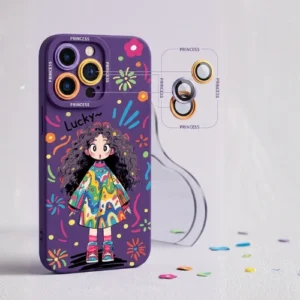 Purple Princess Lucky girl iPhone 14 Pro Max case with colourful cartoon print and gold camera lens protector – cute cover India