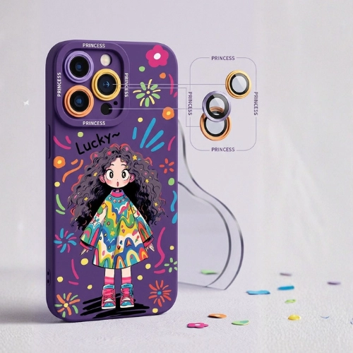 Purple Princess Lucky girl iPhone 14 Pro Max case with colourful cartoon print and gold camera lens protector – cute cover India