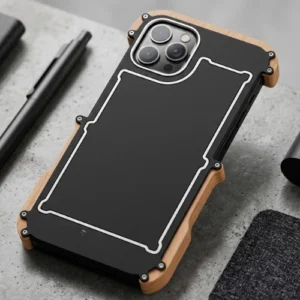 Rugged metal and wood iPhone 12 Pro Max case with aluminium armour and screws – heavy duty protective cover India