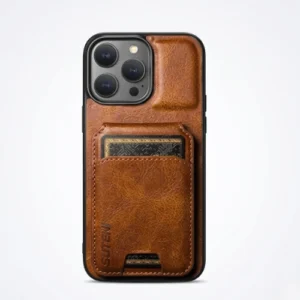 Premium leather wallet iPhone case with card holder slot, MagSafe compatible cover with built-in stand, black slim protective case for iPhone in India