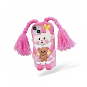 Pink 3D cute doll iPhone 15 case with braided pigtails and teddy bear – kawaii silicone cover India