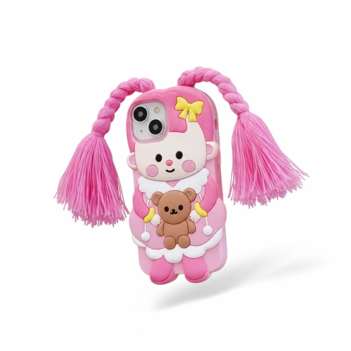 Pink 3D cute doll iPhone 15 case with braided pigtails and teddy bear – kawaii silicone cover India