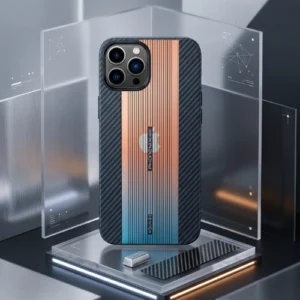 Slim carbon fiber textured iPhone case with shockproof protection and metallic stripe design – Porsche edition