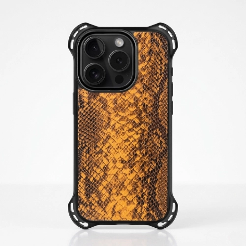Shockproof leather iPhone case with a tiger-pattern textured back, reinforced corner bumpers, and a raised metal camera frame, displayed against a clean neutral background