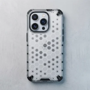 Translucent honeycomb shockproof iPhone case with clear back and hexagonal pattern, slim armor protective cover with reinforced corner bumpers – Honeycomb design