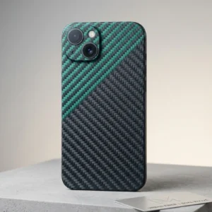 Ultra-slim magnetic carbon fiber iPhone case with leather finish and shockproof protection in jade green design