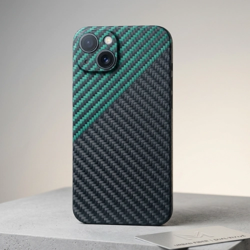Ultra-slim magnetic carbon fiber iPhone case with leather finish and shockproof protection in jade green design