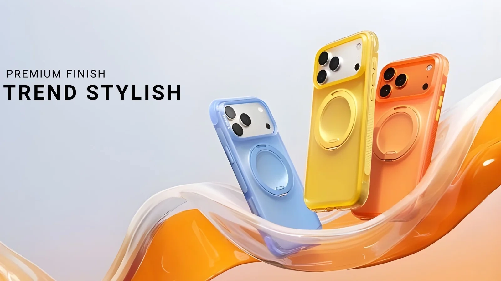 Three colorful magnetic smartphone cases (blue, yellow, and orange) with circular MagSafe-style rings displayed on a glossy abstract background, alongside the text ‘Premium Finish Trend Stylish