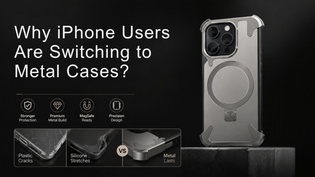 Premium metal MagSafe-compatible iPhone case with reinforced corner protection, durable aluminum frame, and sleek metallic finish highlighting why users are switching from plastic and silicone phone cases.
