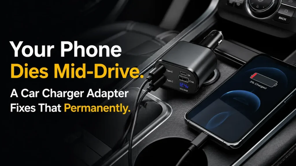 Car charger adapter charging a smartphone inside a car with dual USB Type-C ports for fast charging during travel, available at GrunX.