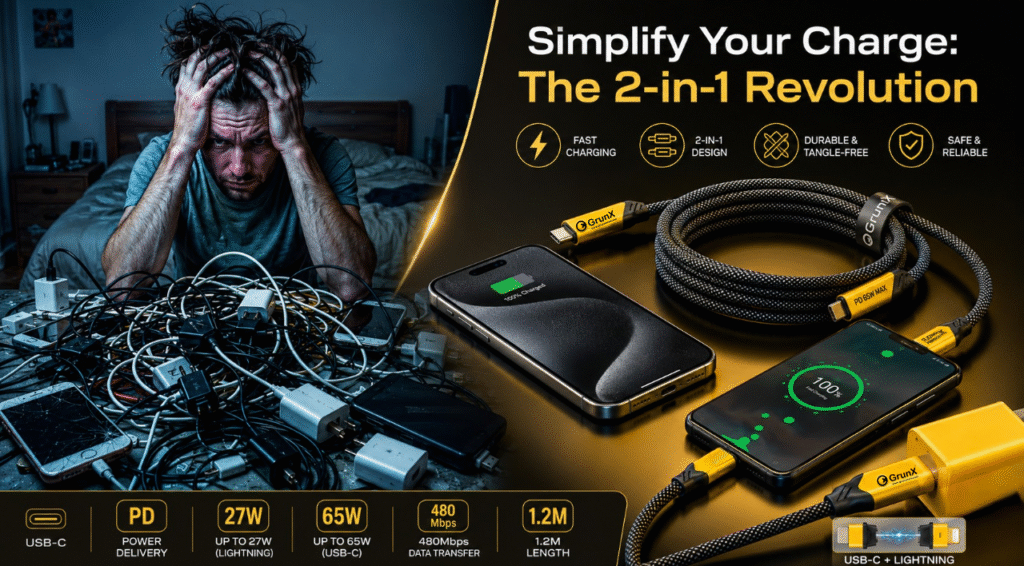 GrunX Daily 2-in-1 fast charging cable with USB-C and Lightning connectors, showing a clutter-free charging solution, 65W PD fast charging, tangle-free braided design, and multi-device compatibility