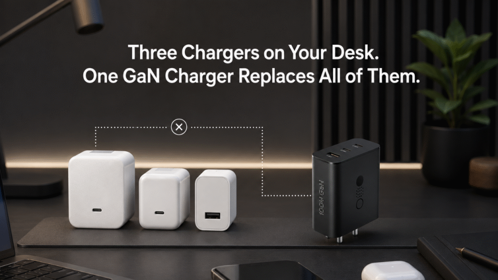 100W GaN fast charger replacing three traditional chargers on a premium desk setup, showcasing compact USB-C charging for laptops, phones, tablets, and accessories available at GrunX.