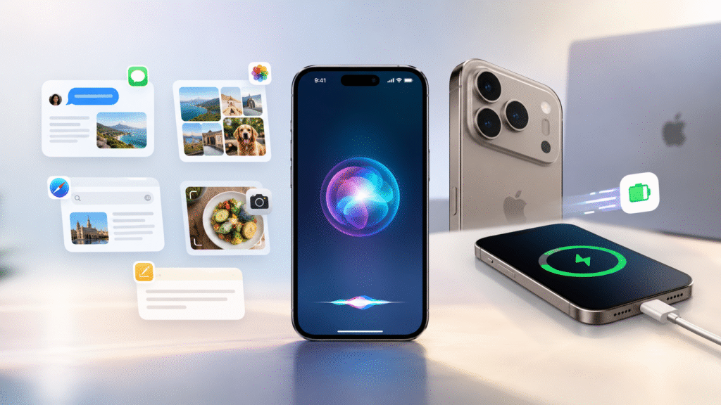 A modern iPhone displaying a glowing Siri AI interface, surrounded by floating app panels for messages, photos, web search, and camera features, alongside an iPhone Pro and a fast-charging phone illustrating AI capabilities and faster charging.