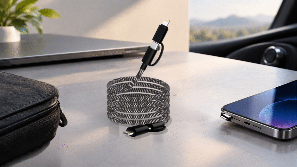 GrunX magnetic charging cable with 2-in-1 USB-C and Lightning connectors, self-coiling braided design for fast charging iPhone and Android phones at home, office and in the car.