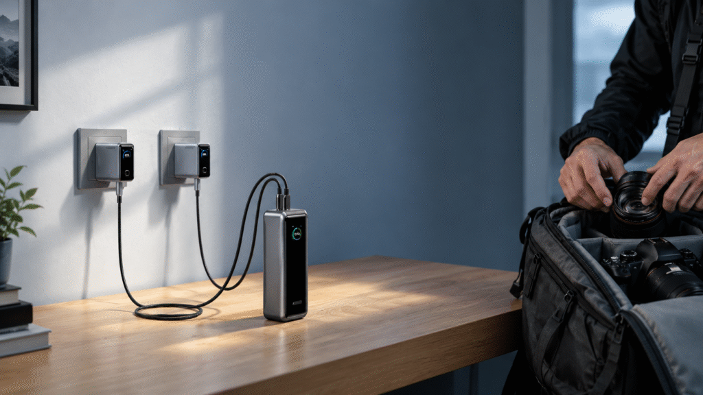 GrunX power bank charging fast from two wall chargers at once on a wooden desk, with a photographer packing a camera bag nearby, ideal for travel and on-the-go charging