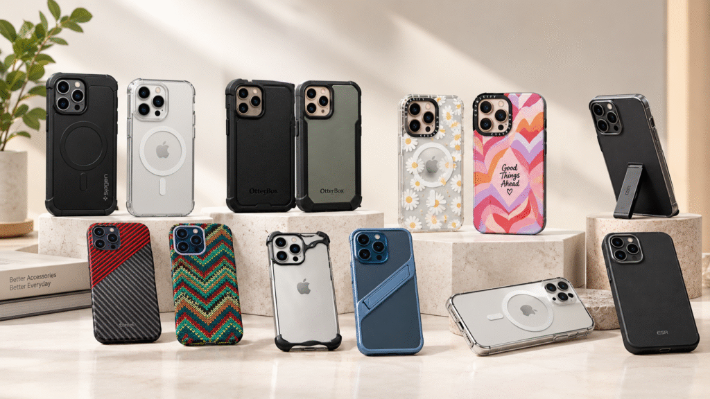 Premium mobile covers for iPhone and Samsung, featuring Spigen, OtterBox, CASETiFY, ESR, and GrunX cases in rugged, clear, carbon fiber, and patterned designs.