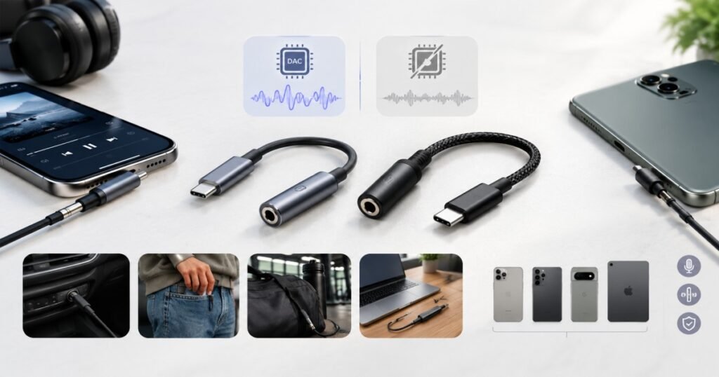 USB-C to 3.5mm AUX adapters with DAC and non-DAC designs displayed alongside smartphones, headphones, and lifestyle scenes showing use in cars, during commutes.